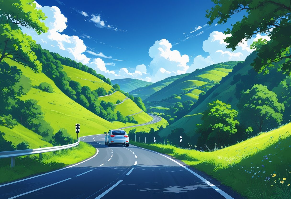 A car driving along a winding road through green hills and trees in the countryside.