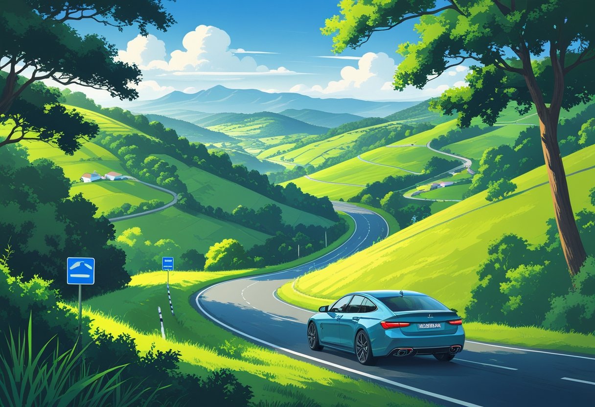 A car driving carefully on a winding road through green hills and countryside with trees and distant mountains.