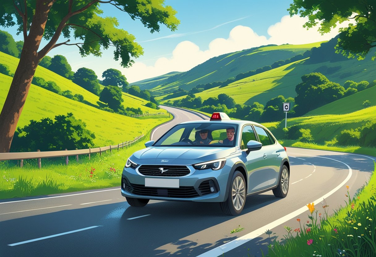 A driving instructor and learner in a car on a winding hilly country road surrounded by green hills and trees.