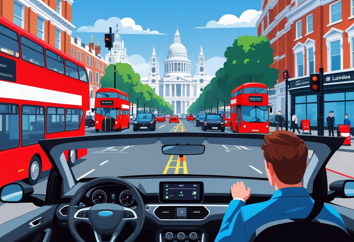 A driving instructor and learner driver in a car navigating a busy London street with buses, taxis, pedestrians, and typical city buildings.