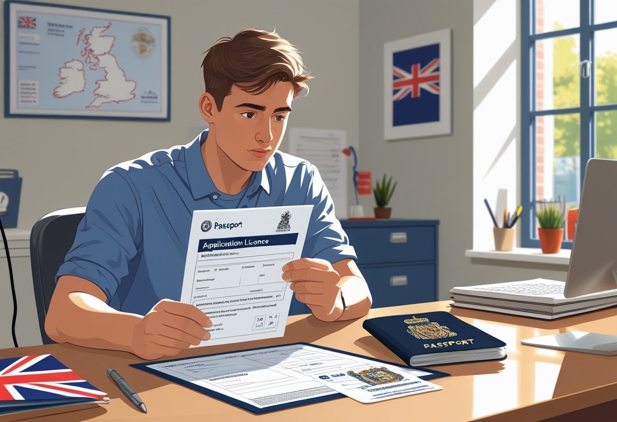 A person sitting at a desk with a UK passport and a provisional driving licence application form, looking thoughtfully at the documents.