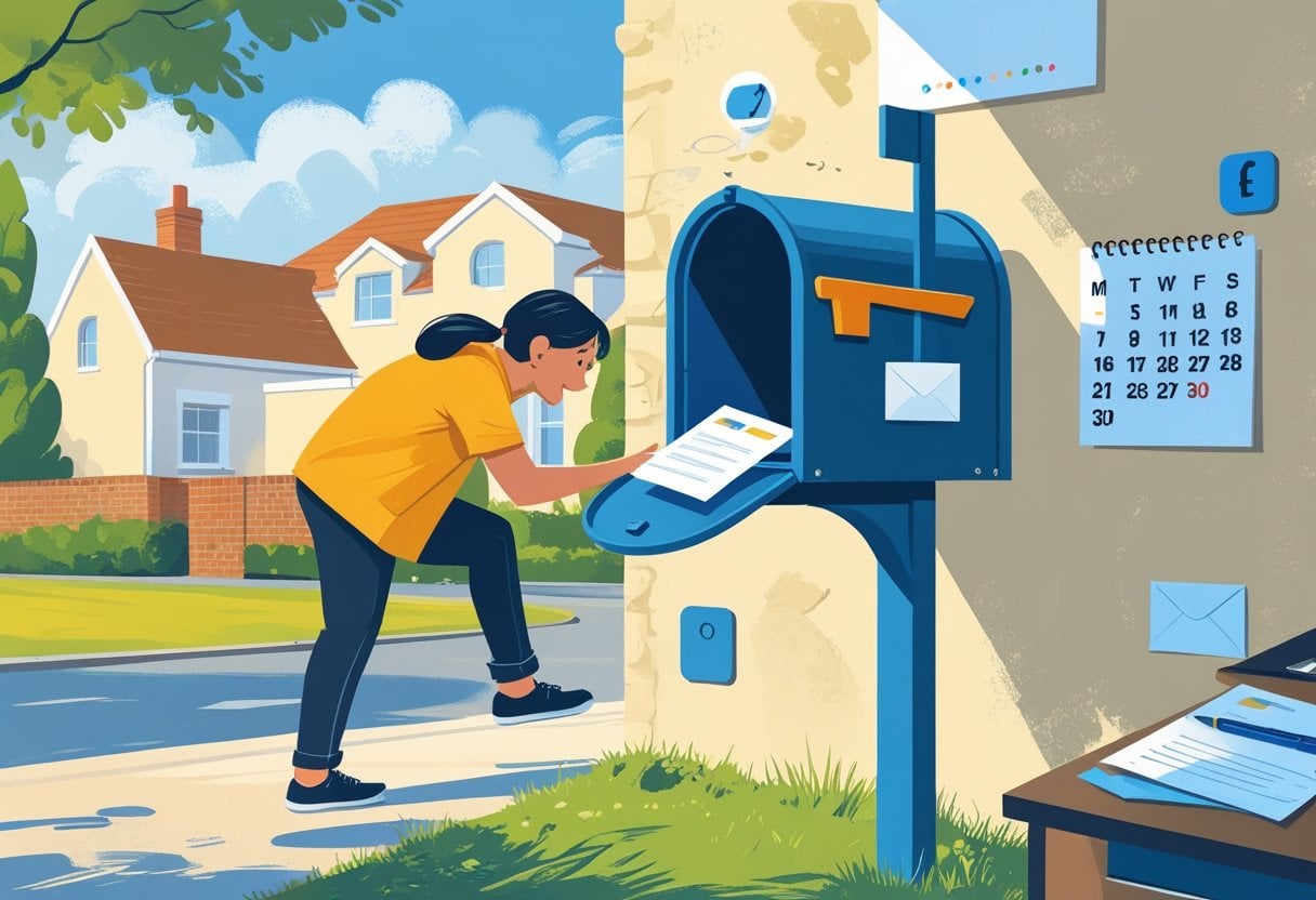 A person checking an open mailbox with an envelope inside outside a house, with a calendar showing marked days in the background.