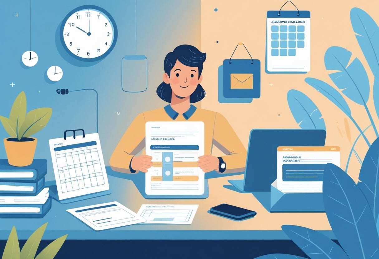 A person reviewing documents at a desk with a calendar and clock nearby, symbolising preparation and waiting for a provisional driving licence.