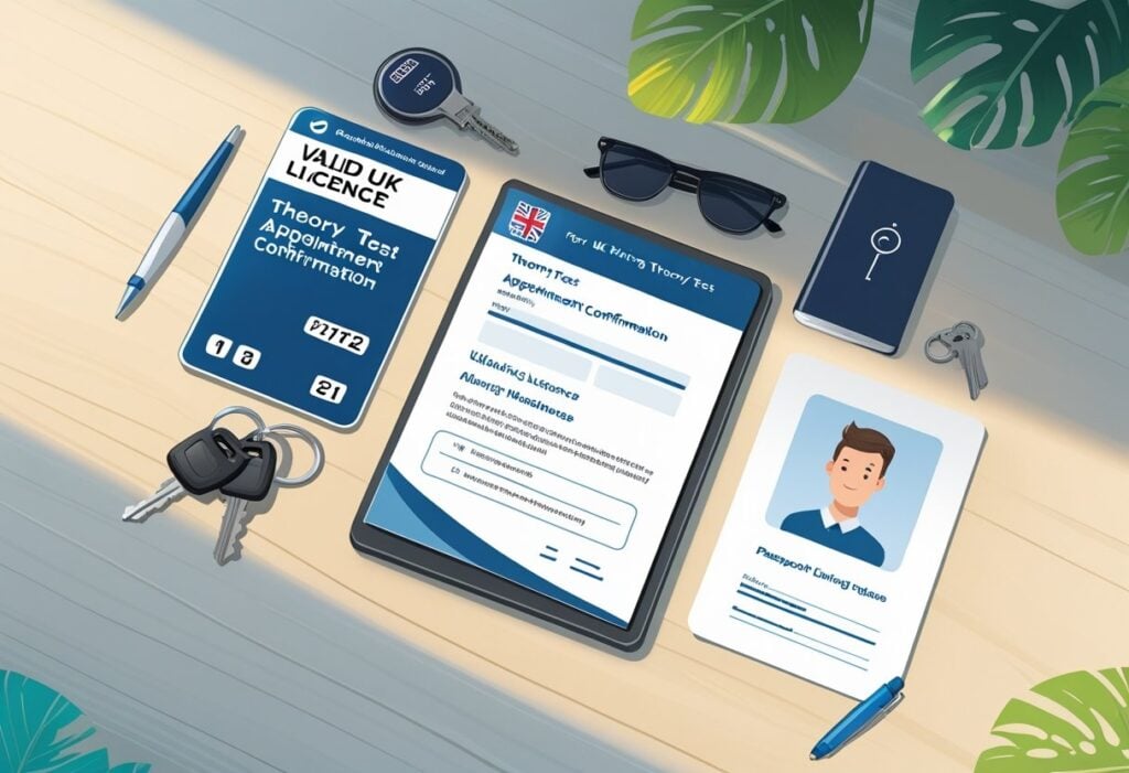 A flat lay of items needed for a UK driving theory test including a driving licence, appointment confirmation, passport photo, car keys, and a pen on a wooden desk.