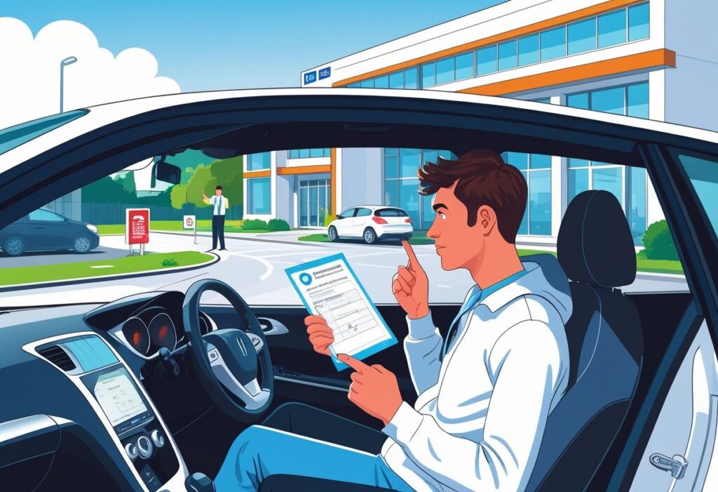 A learner driver sitting in a car holding a form, looking towards a driving test centre with an instructor standing outside.