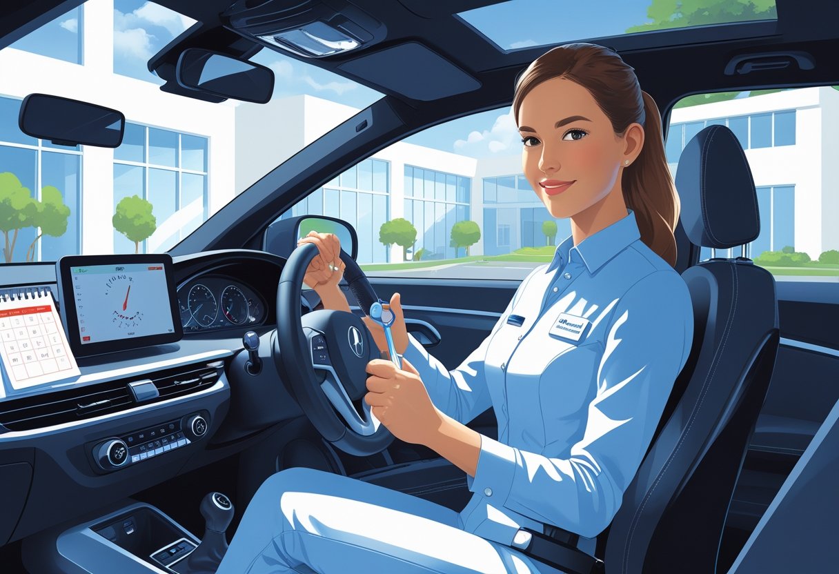 A dental hygienist sitting in a car holding dental tools and a steering wheel, with a background blending a dental clinic and a driving school environment.