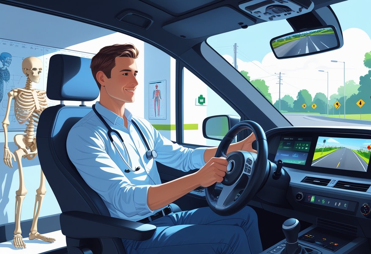 A physiotherapist using a driving simulator in a bright training room with medical charts and equipment nearby.