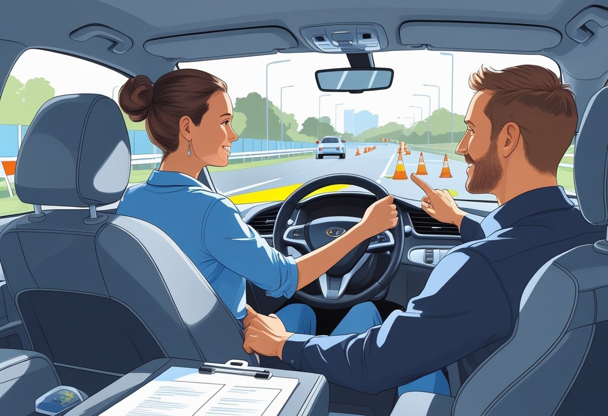 An occupational therapist receiving driving instruction inside a car in a safe training environment with a driving instructor beside them.