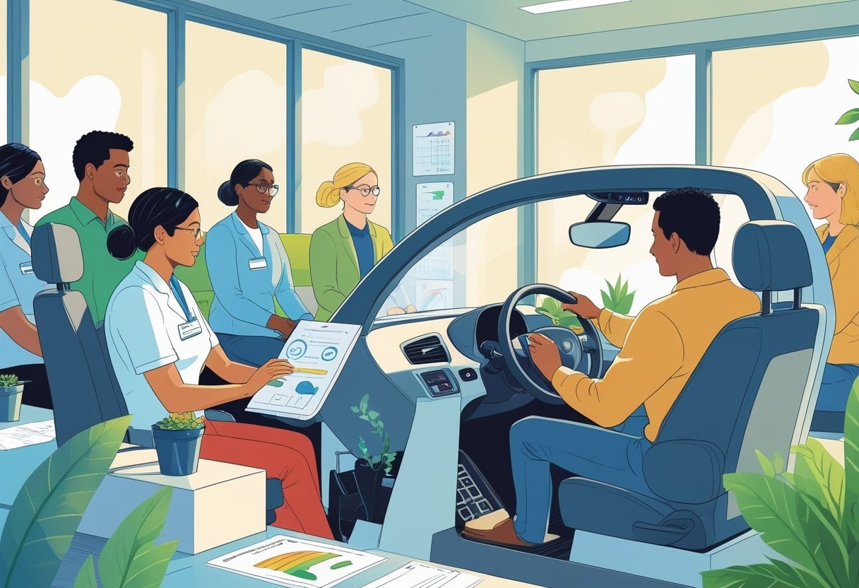 A group of mental health workers participating in a driving simulator training session led by an instructor in a bright, modern room.