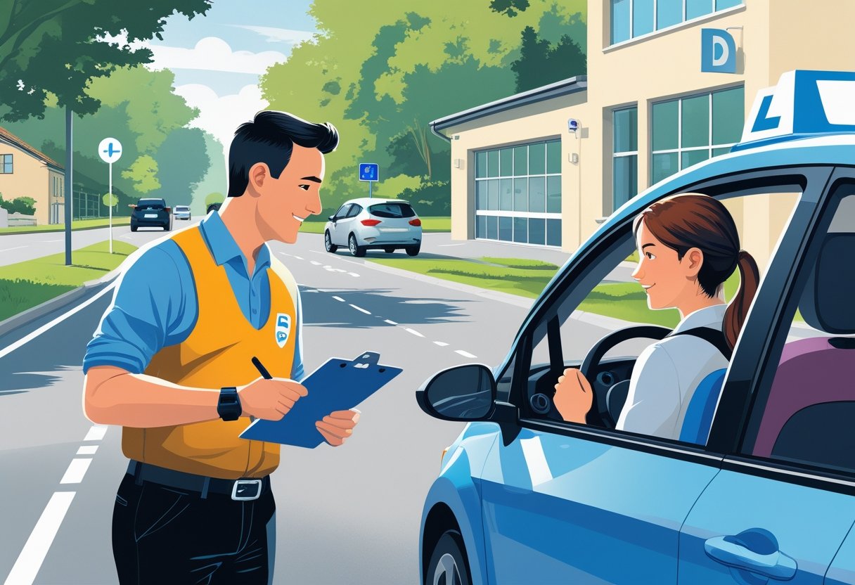 A driving instructor explains driving instructions to a student sitting in a car on a quiet suburban street outside a driving school.