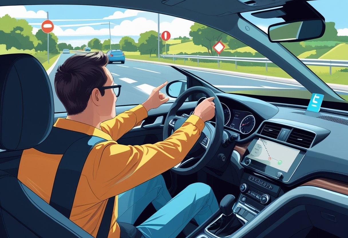 A driving instructor teaching a student in a car on a sunny suburban road.