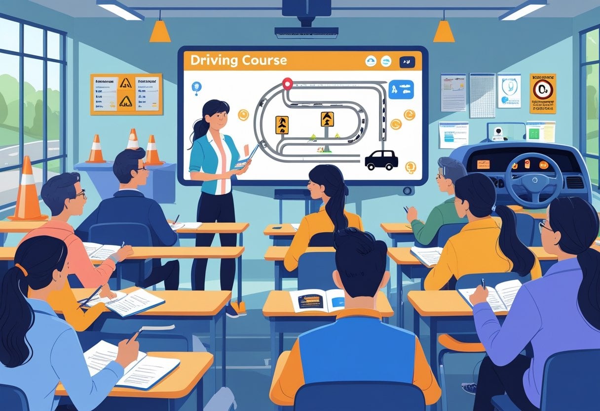 A driving instructor teaching a group of adult learners in a classroom with a driving simulator and educational materials.