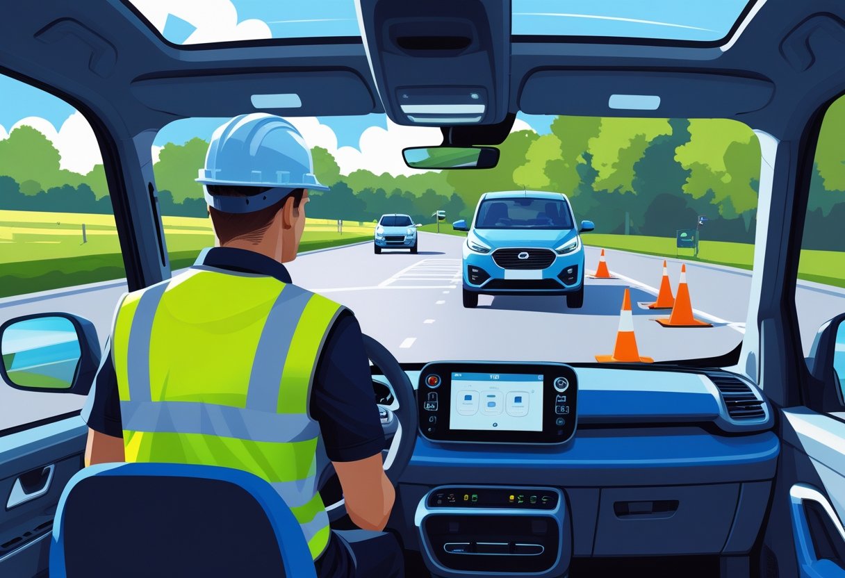 An electrician wearing a hard hat and high-visibility vest driving an electric vehicle during a training session with an instructor in the passenger seat.