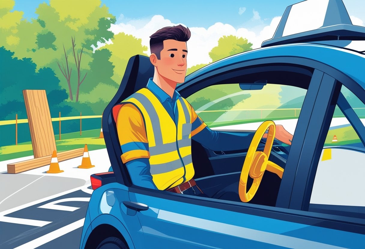 A carpenter wearing a high-visibility vest and tool belt is driving a car during a driving lesson with an instructor beside them, with woodworking tools nearby.