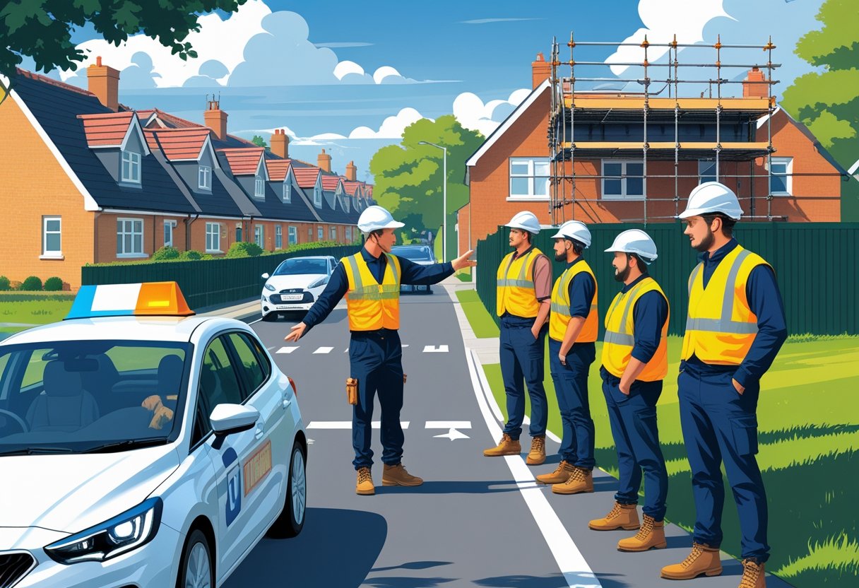 A group of roofers in safety gear standing near a driving instructor and a driving school car with houses and rooftops in the background.