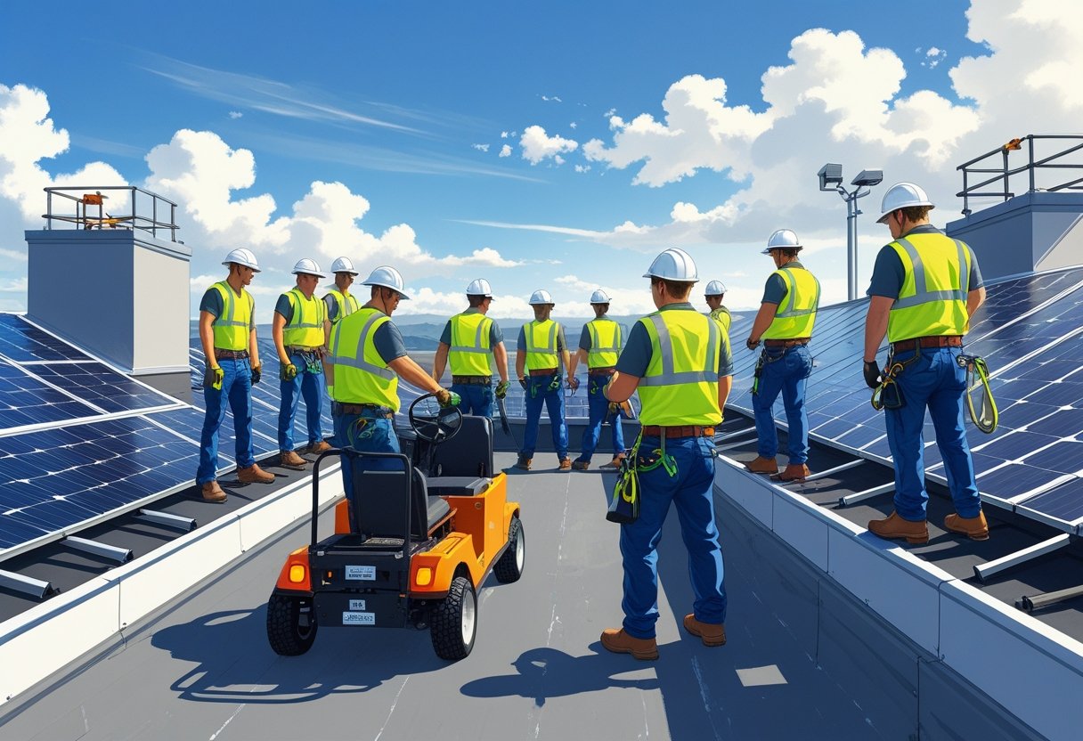 A group of roofers on a rooftop receiving driving instruction with safety equipment and tools around them.