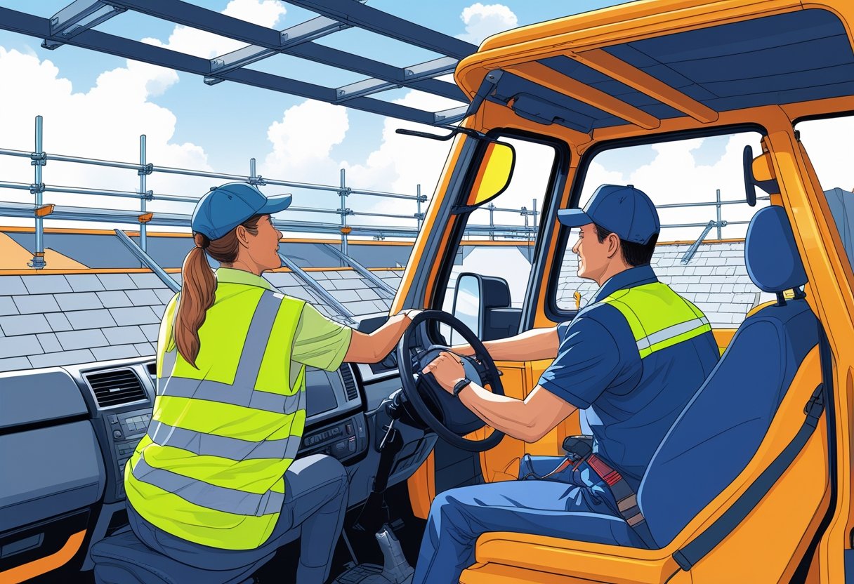 A driving instructor guides a roofer in a pickup truck near a construction site with rooftops and scaffolding.