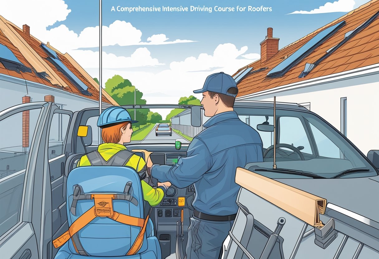 A driving instructor teaching a roofer to drive with rooftops and roofing tools visible nearby.