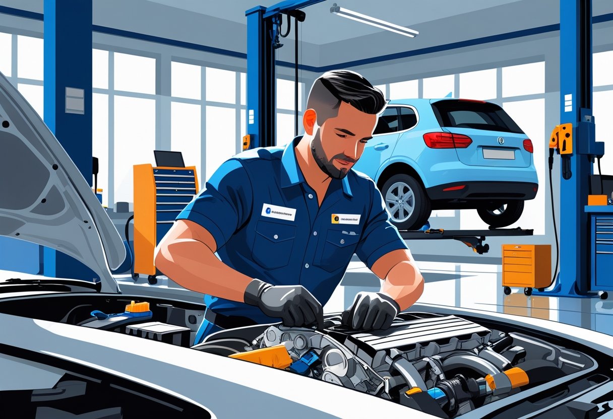 A mechanic working on a car engine in a clean workshop with tools and equipment around.