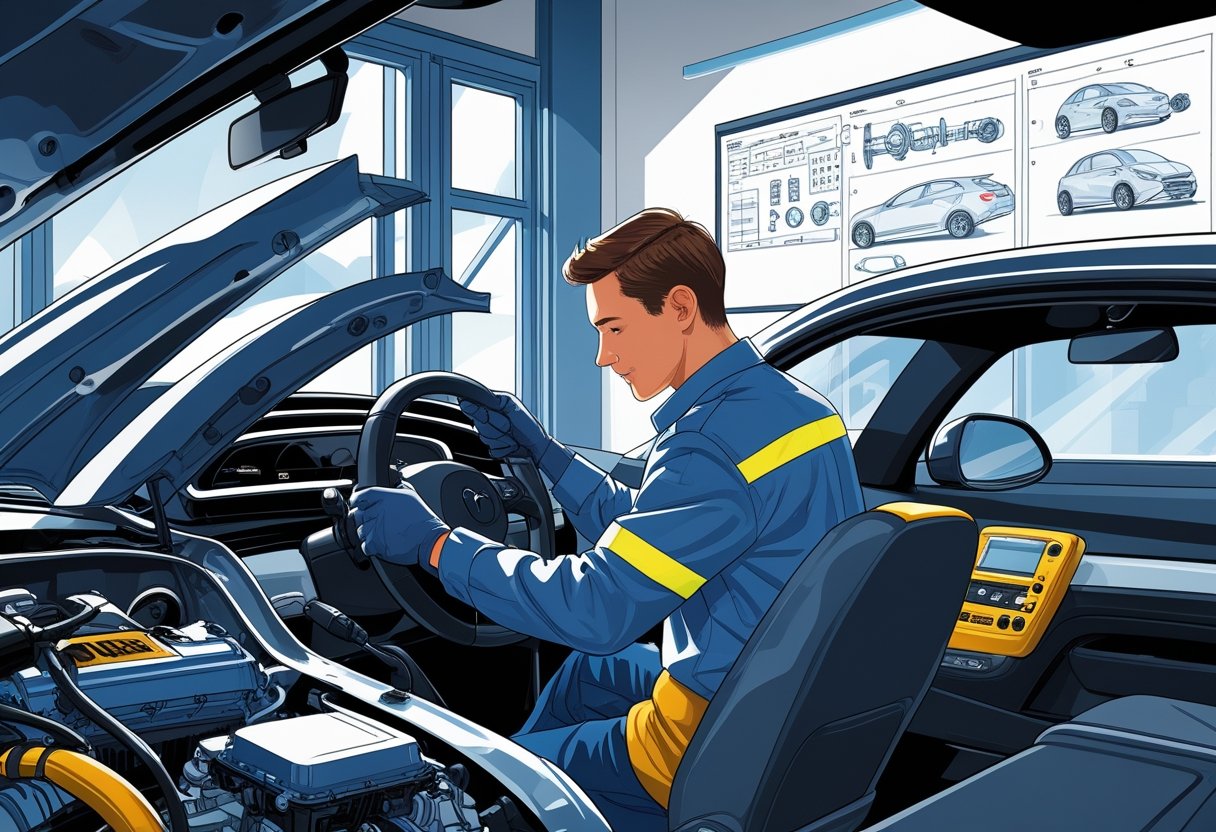 A mechanic in a workshop learning to drive a car with automotive tools and engine parts around, receiving instruction from a mentor.