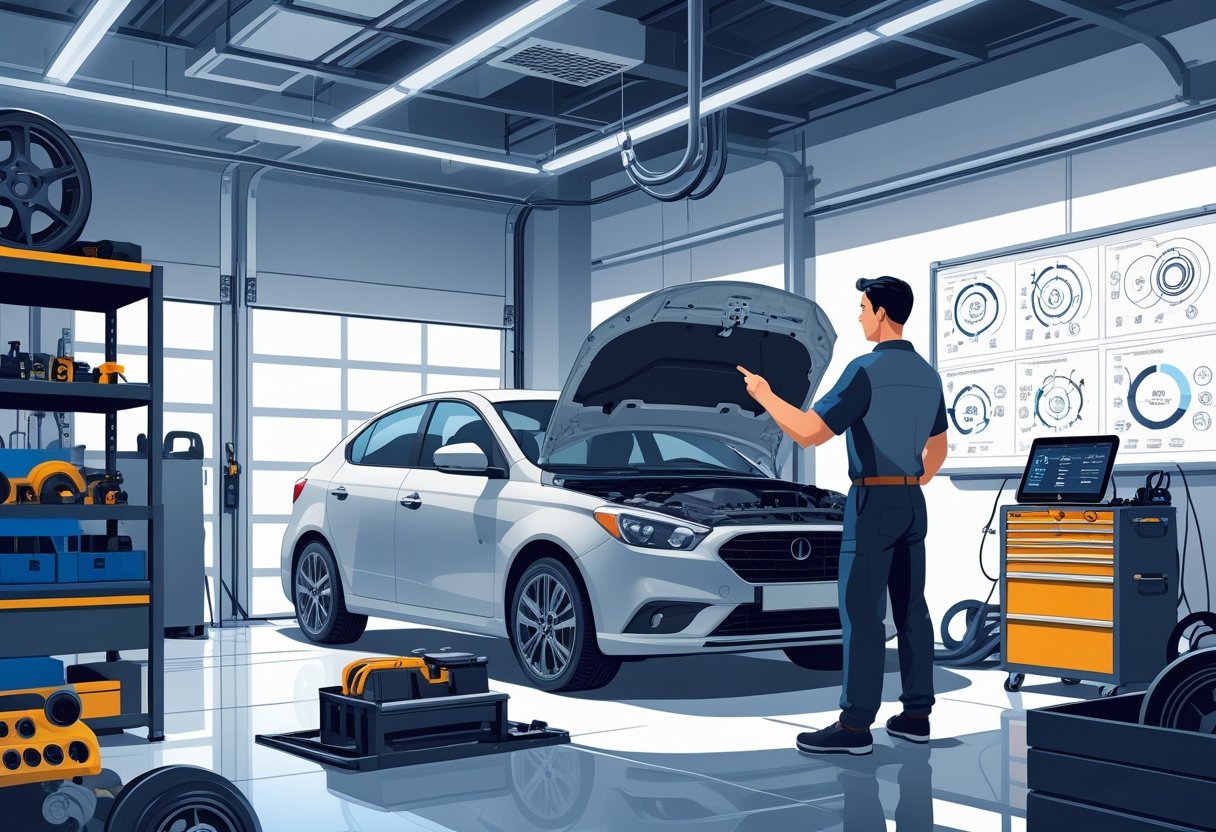 A mechanic working on a car engine in a workshop while an instructor guides them using a tablet, surrounded by tools and automotive parts.