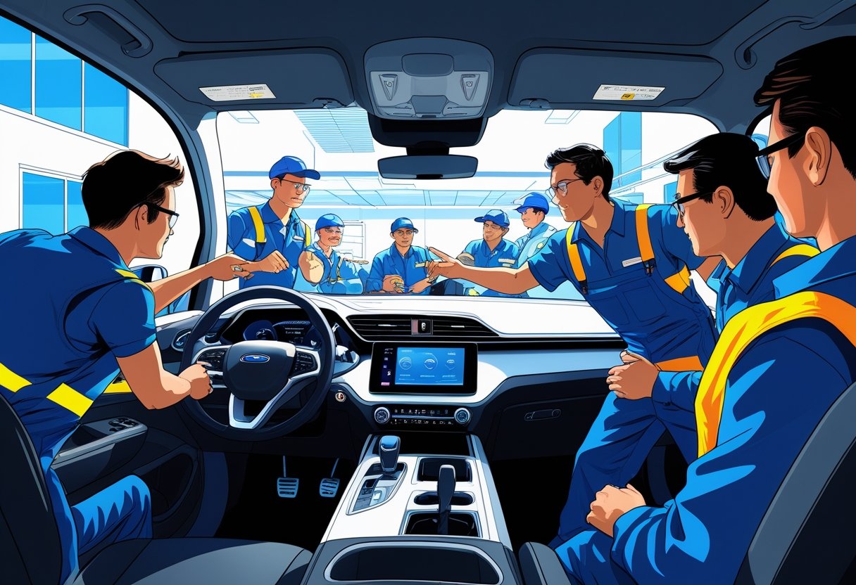 A group of mechanics in work overalls learning driving skills around a car with an instructor in a training facility.