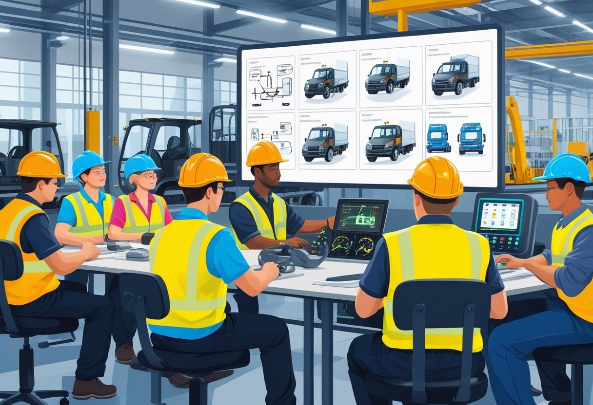 Factory workers attending a driving course in a training room with an instructor and a driving simulator.