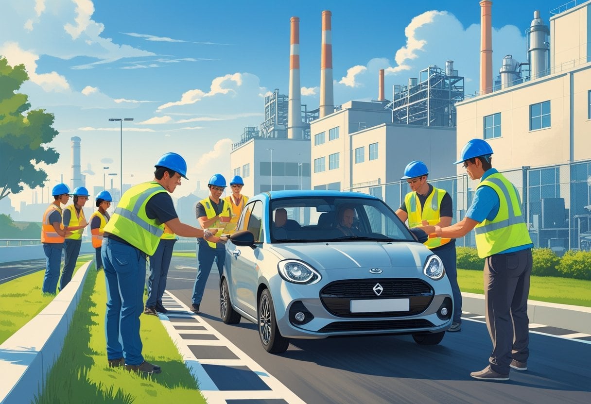 Factory workers learning to drive in a car on a training track near an industrial factory, guided by an instructor.