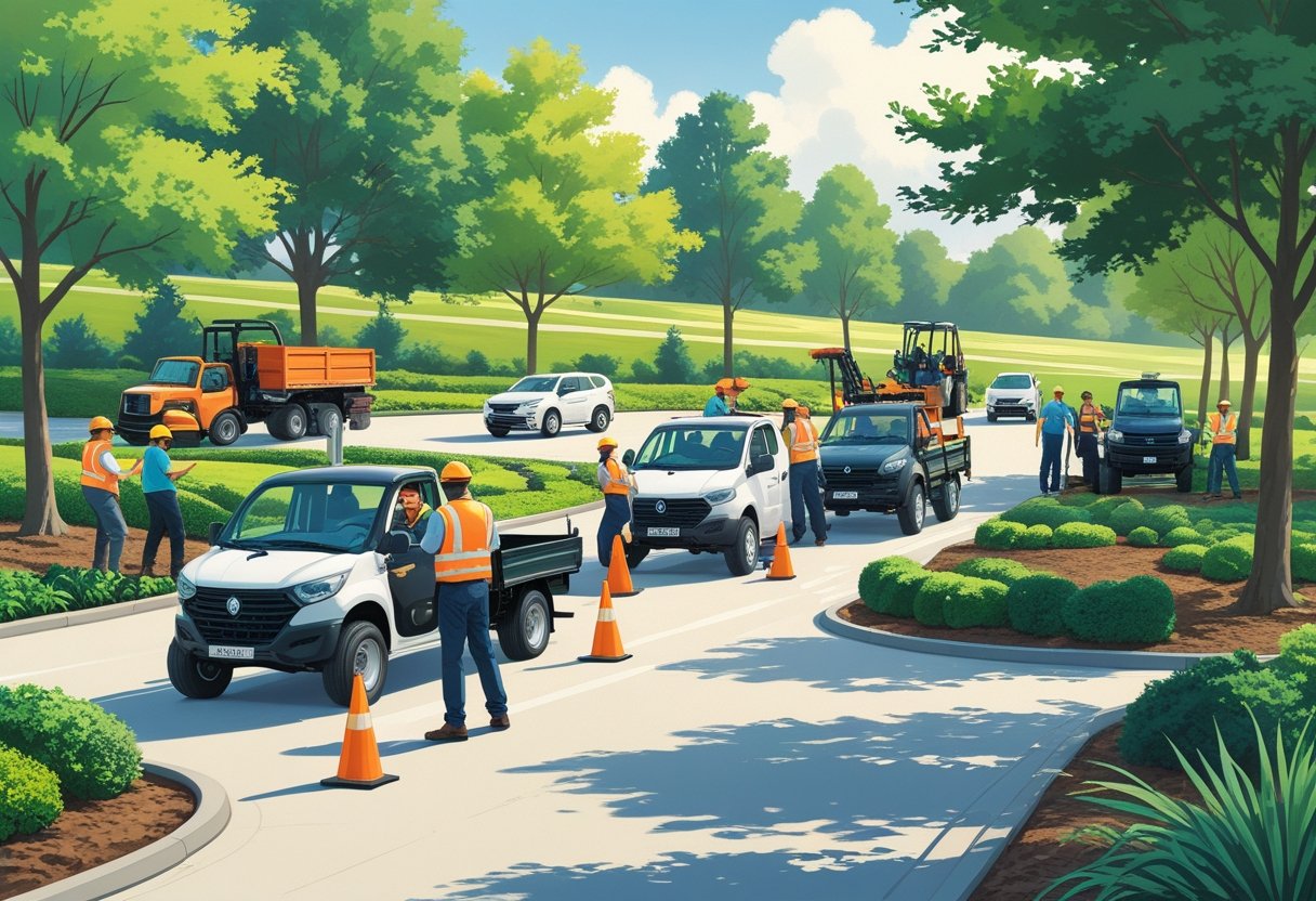 A group of landscapers participating in an outdoor driving training session with an instructor guiding them among vehicles and landscaping equipment.