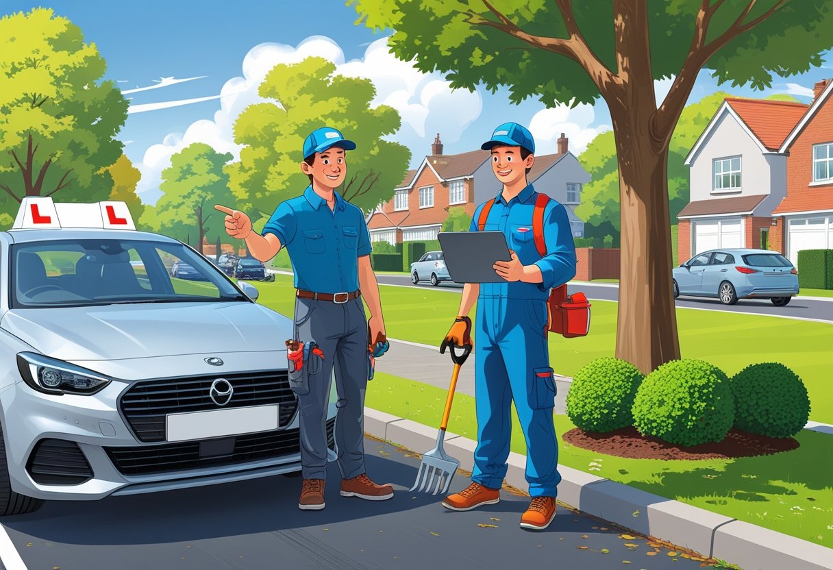 A driving instructor showing a young landscaper how to book an intensive driving course using a tablet beside a driving school car on a suburban street.