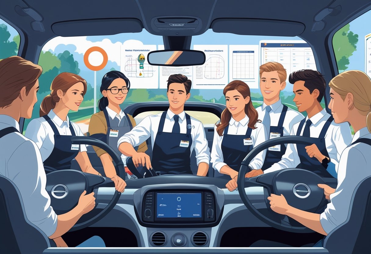 Waiters and waitresses in uniforms participating in a driving lesson with an instructor in a training environment.