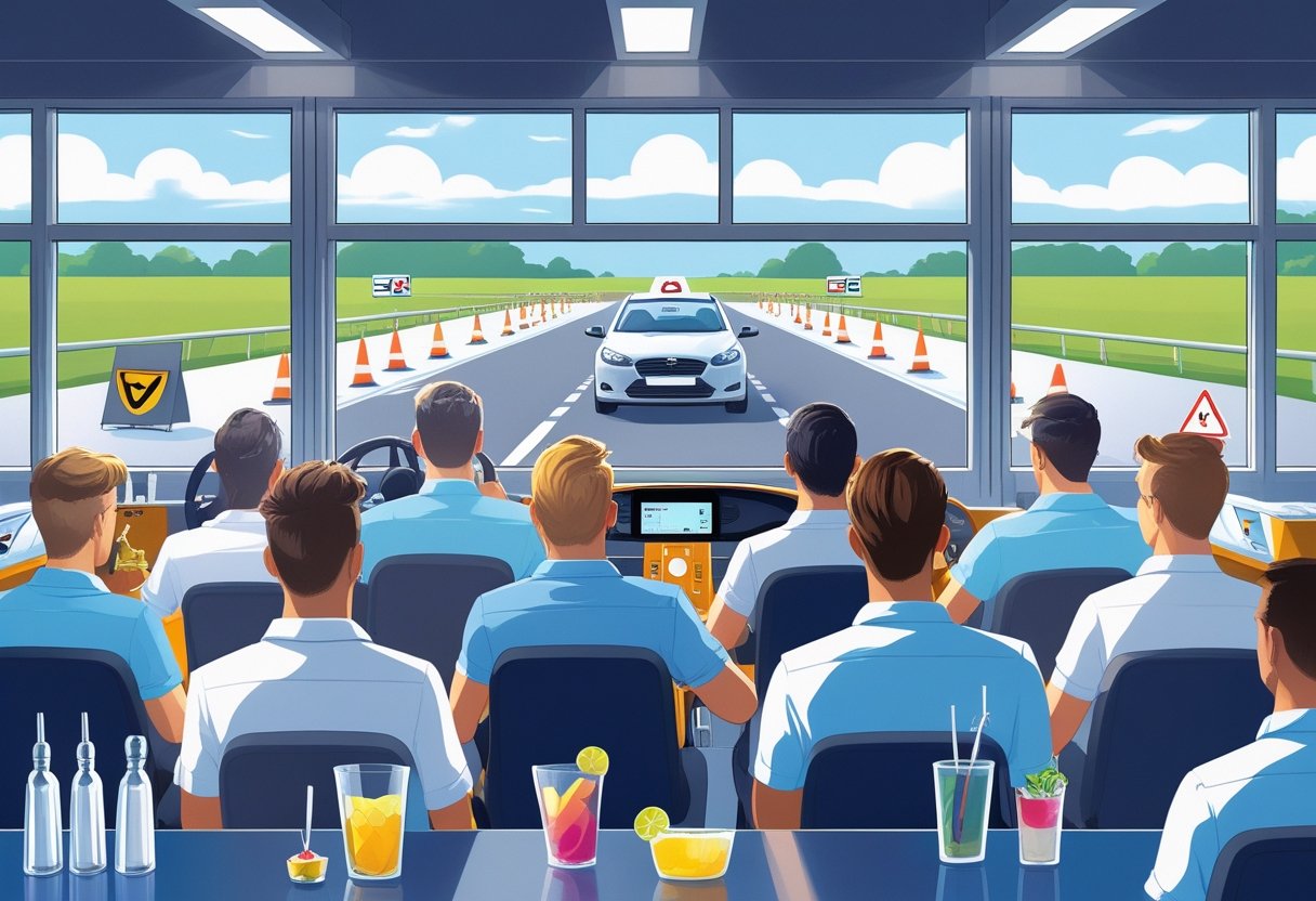 Bartenders attending a driving course in a classroom with driving simulators and an instructor, with a training car visible outside on a driving course.