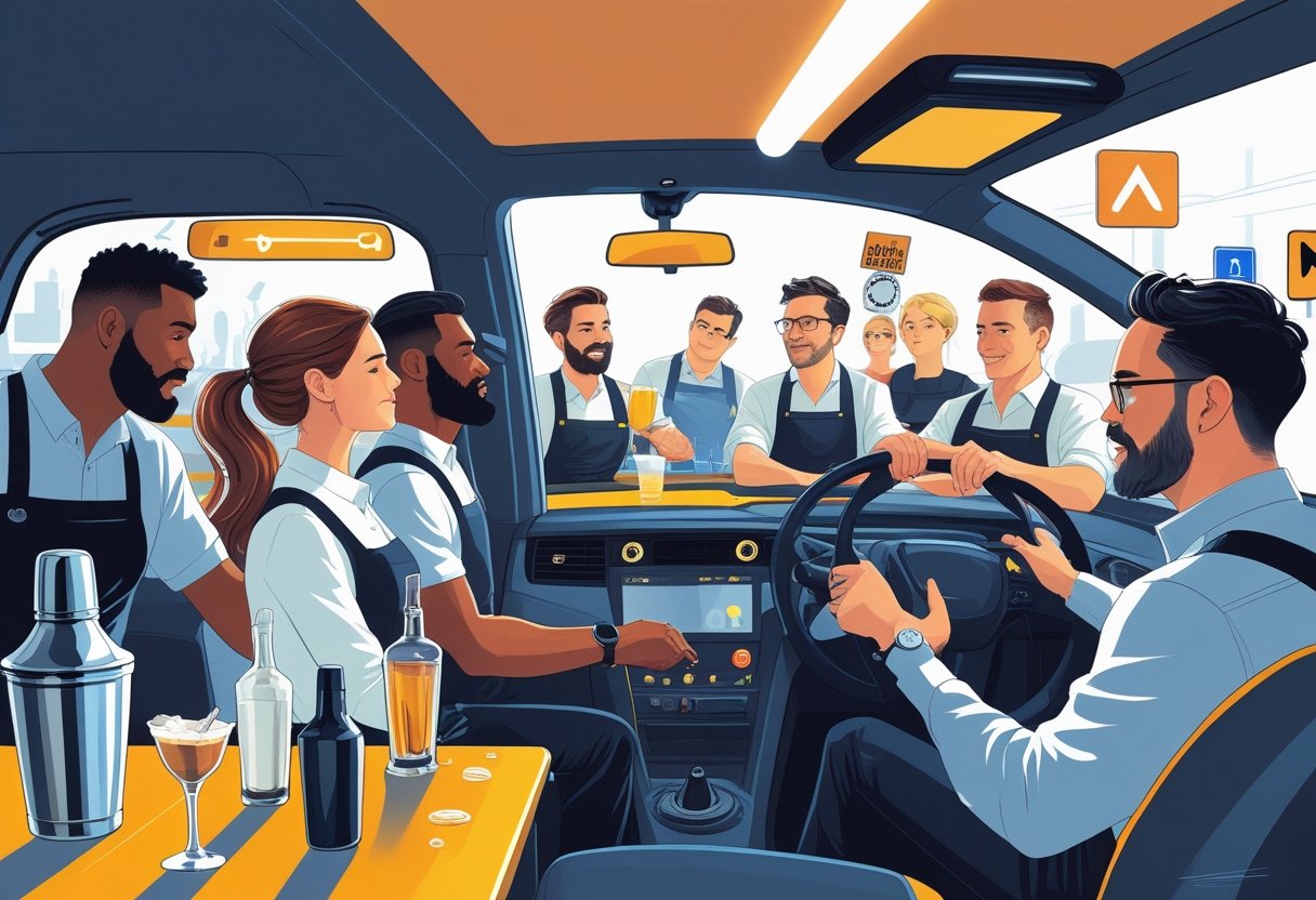 Bartenders attending a driving lesson with an instructor in a driving simulator, surrounded by bartending and driving equipment.