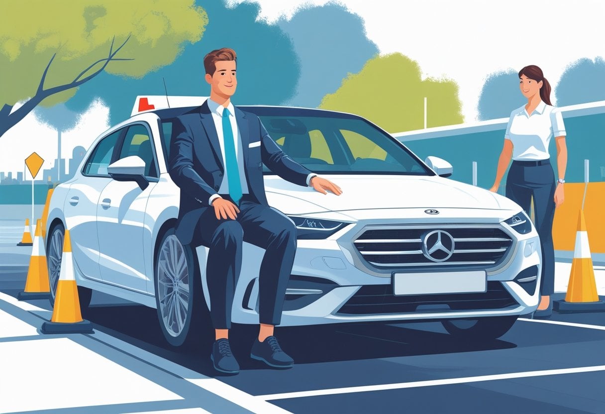 An accountant in business clothes learning to drive with an instructor beside a car on a driving course.
