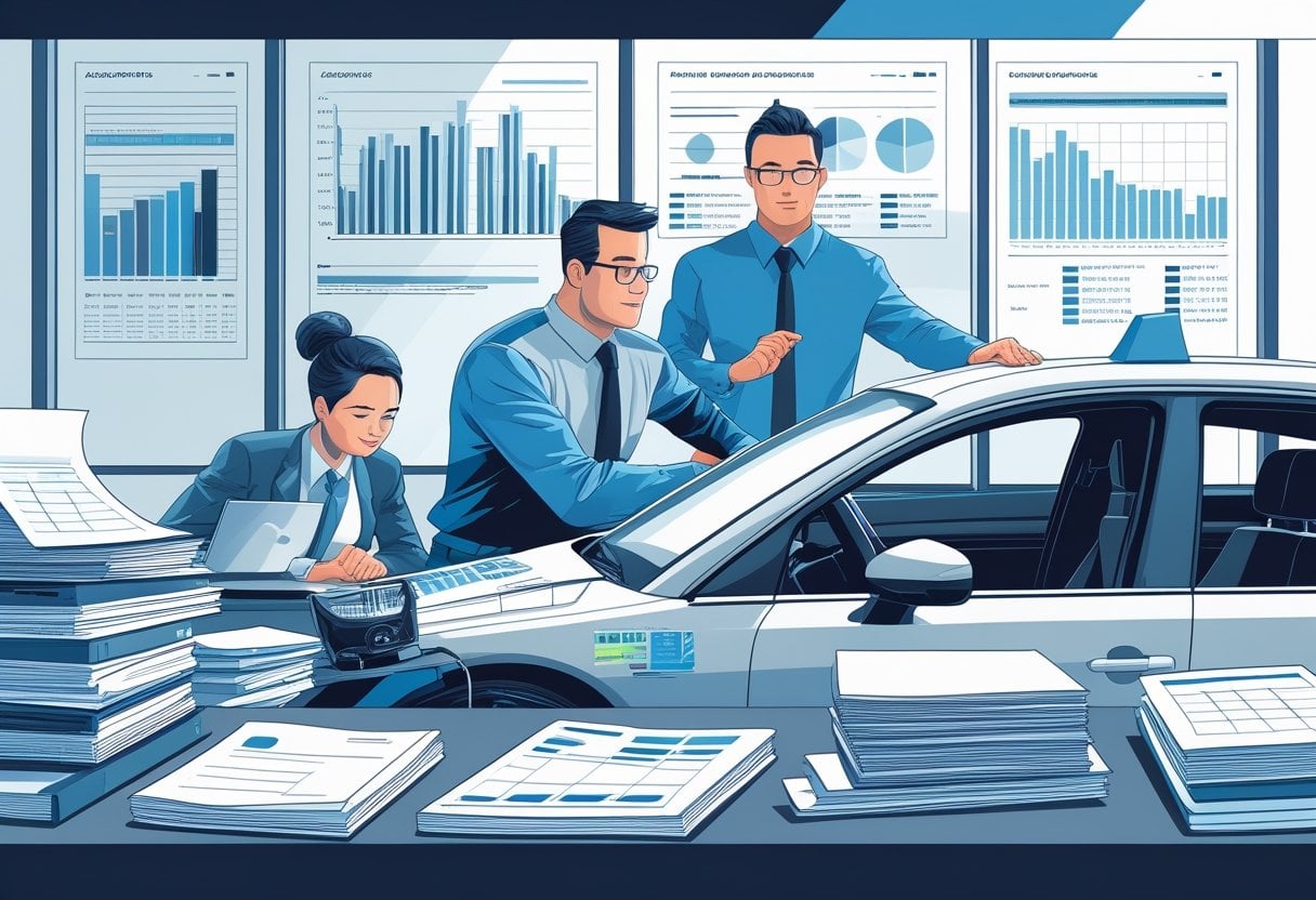 Accountants working in an office with financial documents and a driving instructor teaching one accountant to drive beside the building.