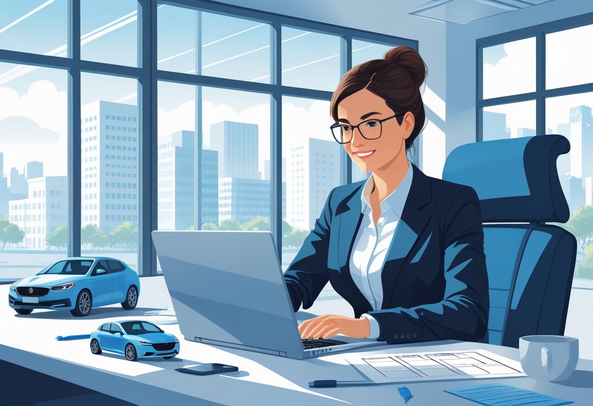 An office manager booking an intensive driving course on a laptop at a desk in a bright office with a city view.