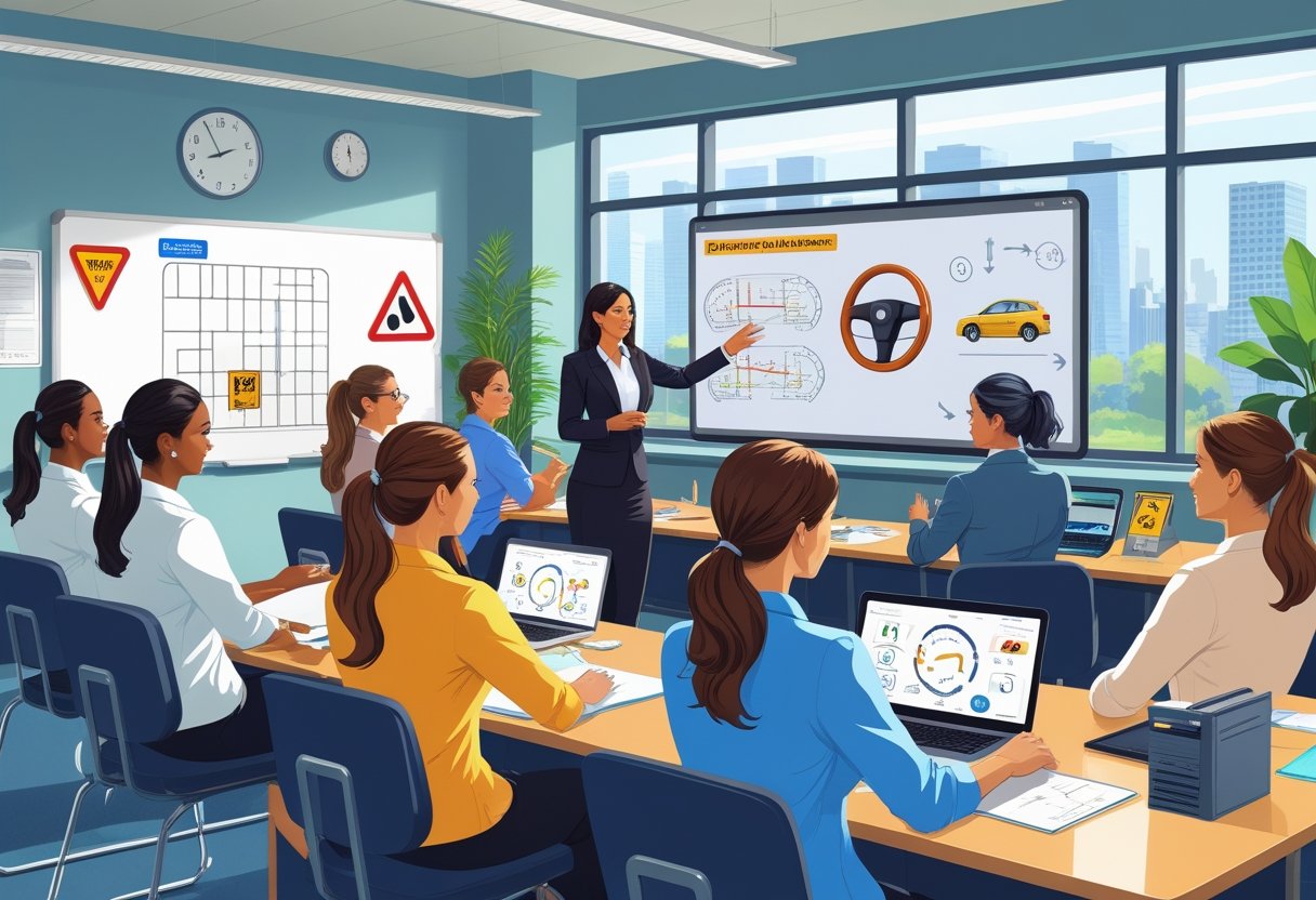 A group of receptionists attending a driving course in a classroom with an instructor demonstrating driving techniques using a simulator.