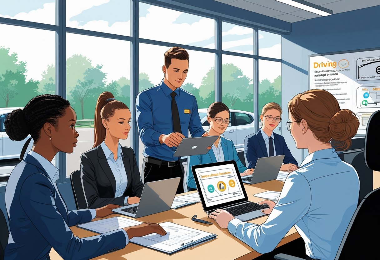 Receptionists in an office attending a driving course with an instructor demonstrating driving concepts using a tablet.