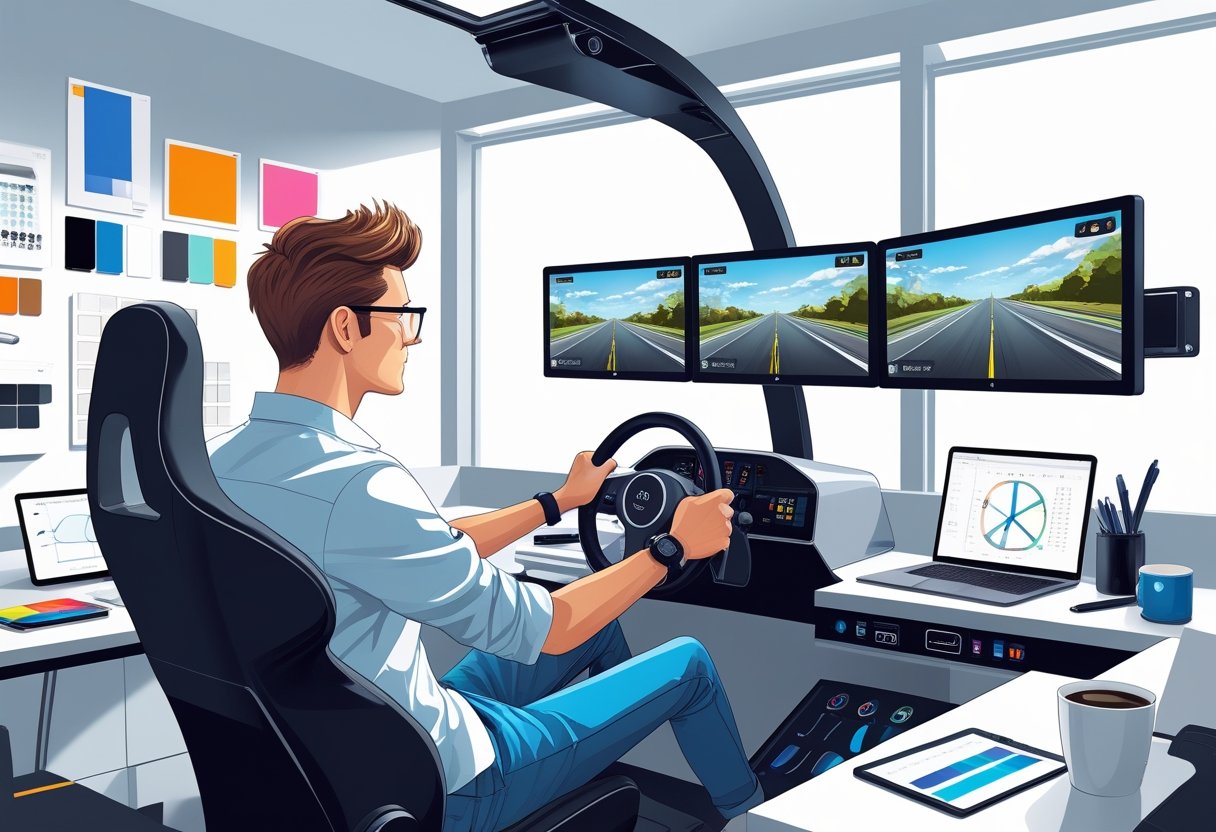 A graphic designer using a driving simulator in a modern studio surrounded by design tools and a laptop.