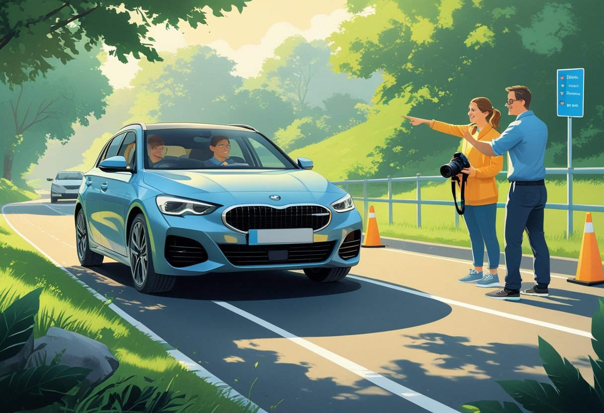 A photographer in a car receiving driving instruction from an instructor on a quiet road surrounded by trees.
