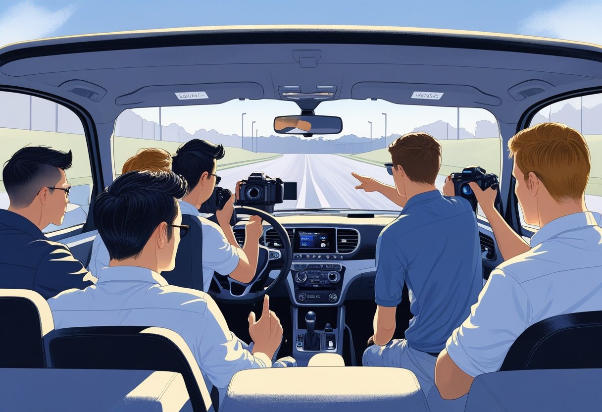 Photographers learning to drive in a modern car with an instructor, surrounded by photography equipment and a clear road outside.