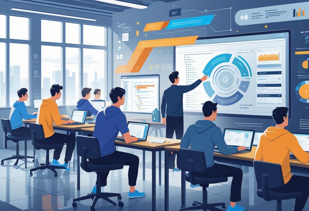 A group of web developers in a modern classroom learning from an instructor with laptops and digital screens showing coding-related visuals.