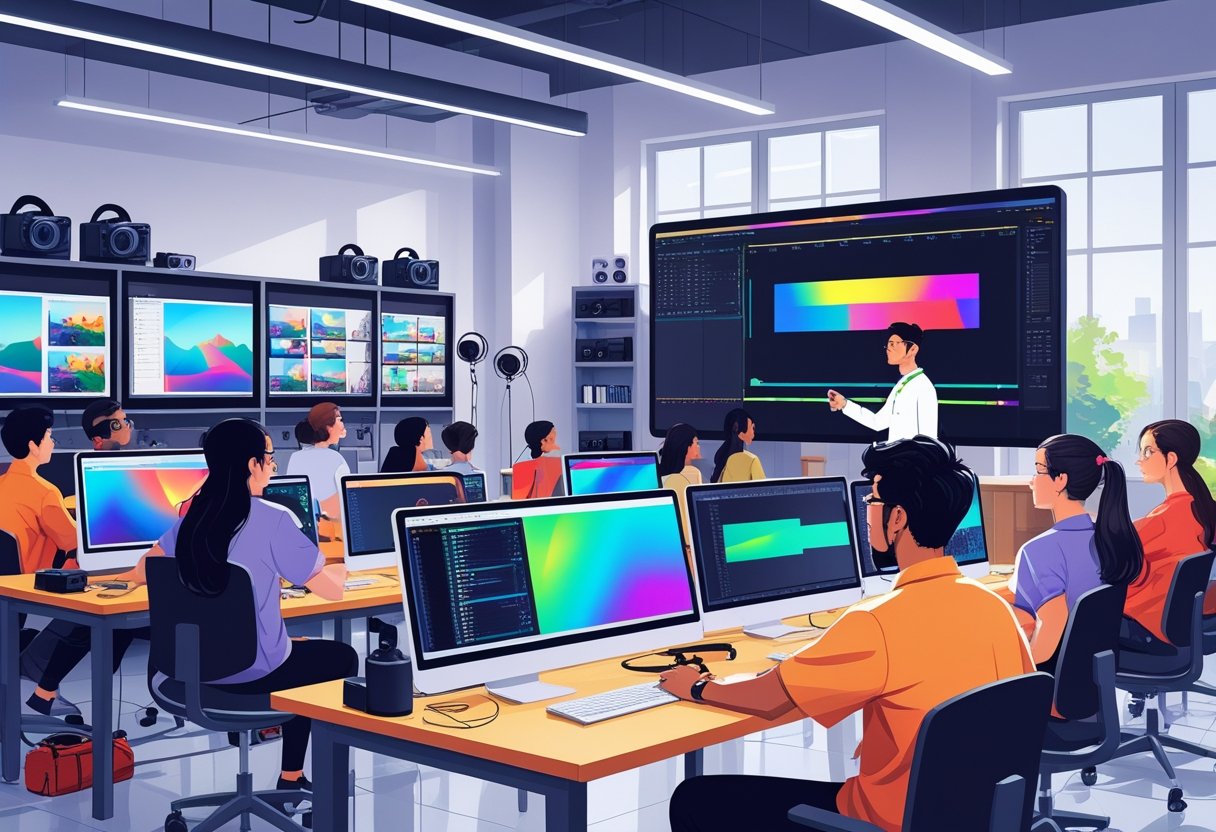 A classroom with students working on video editing software on computers while an instructor points at a large screen showing video editing tools.