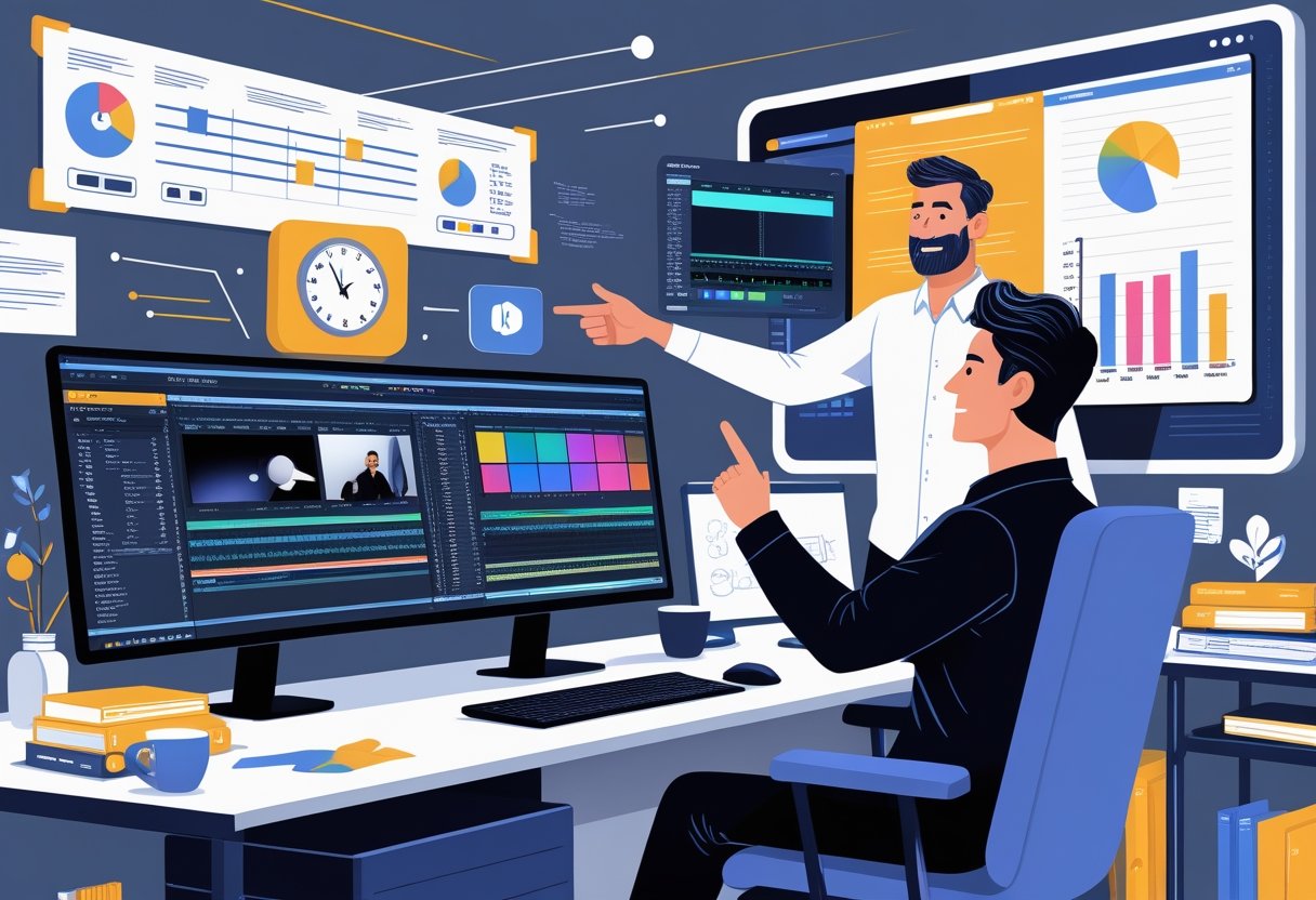 A video editor working at a desk with multiple monitors showing video editing software, surrounded by symbols of challenges like a clock, glitching screens, and scattered files, while a mentor offers guidance nearby.