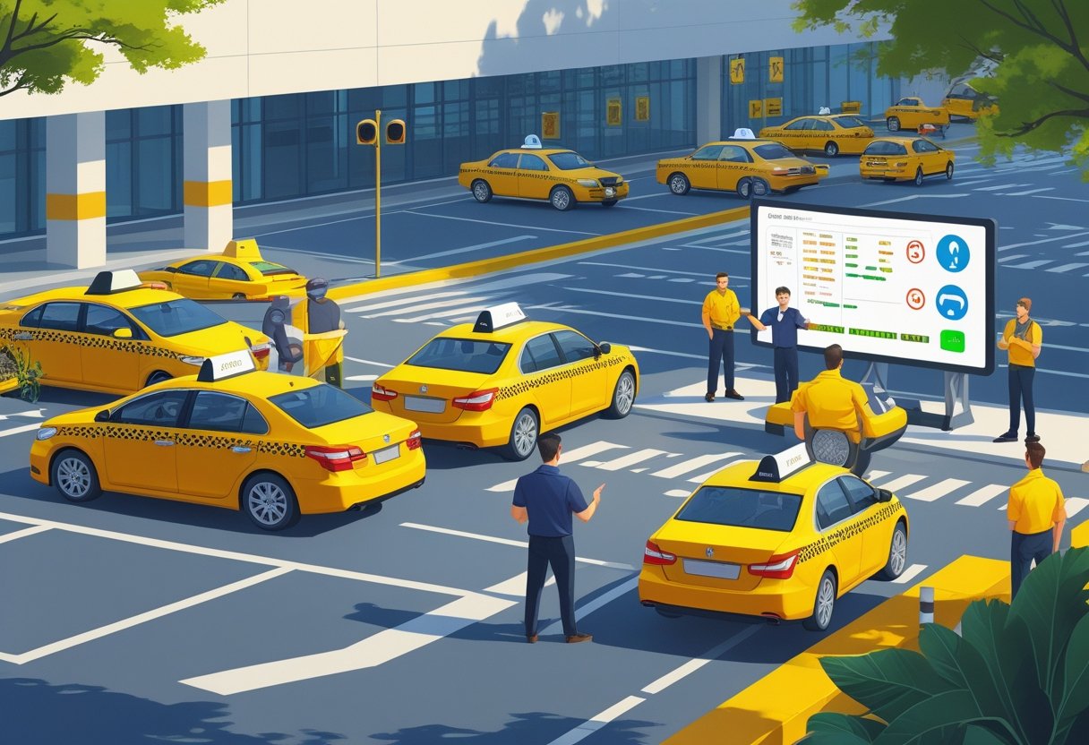 A group of taxi drivers attending a driving course outside a training centre with an instructor demonstrating road safety using a digital screen.