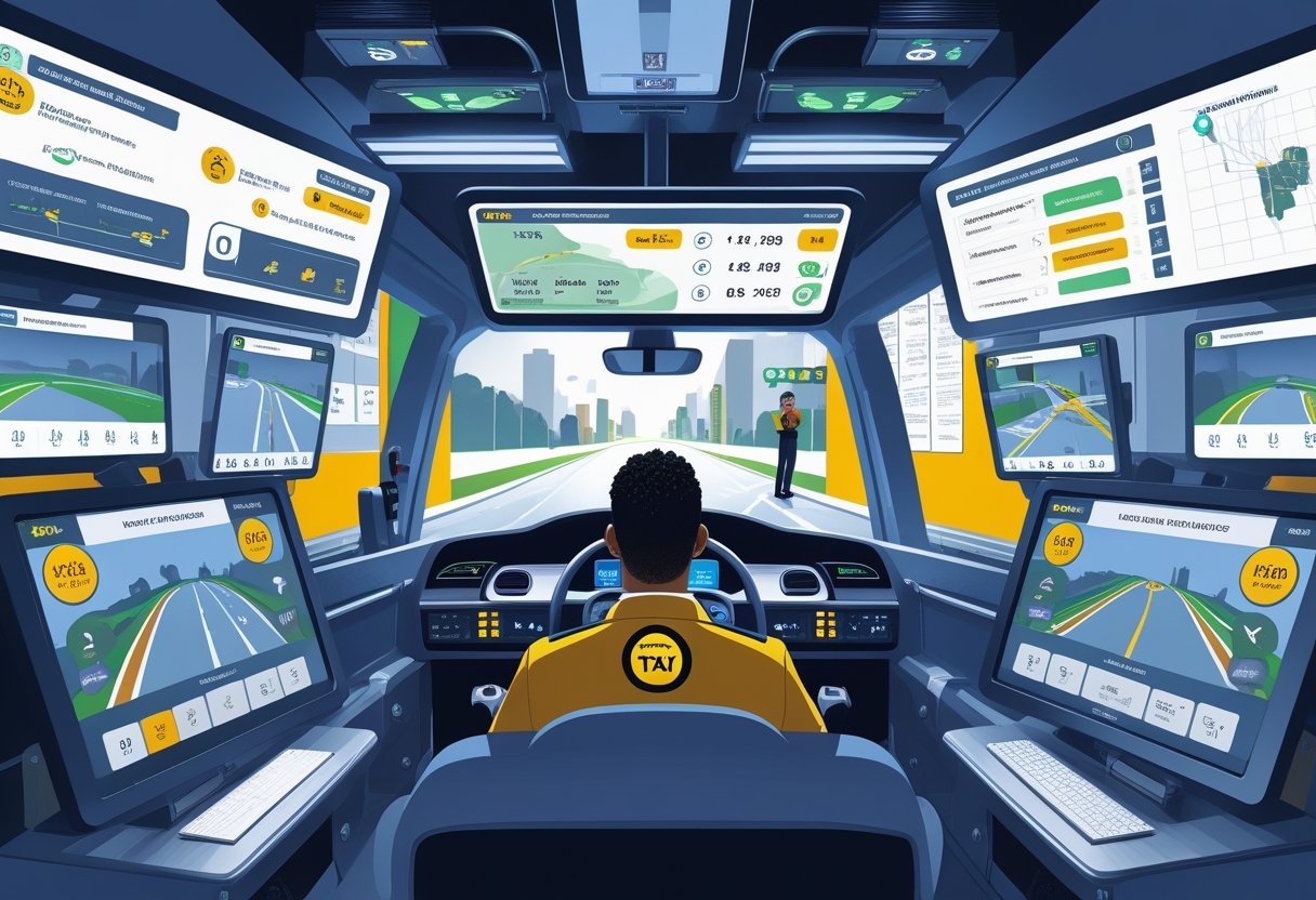 A taxi driver focused on a driving simulator with an instructor nearby in a modern training room equipped with screens and maps.
