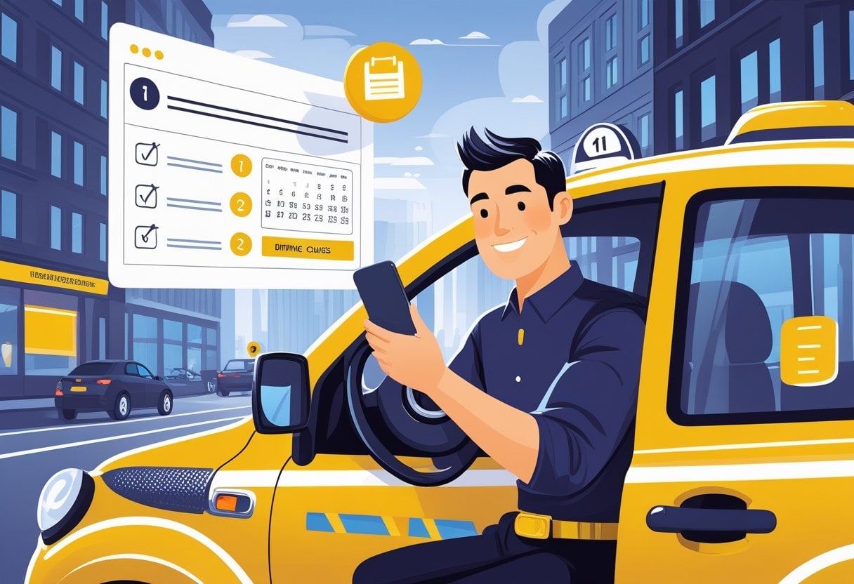 A taxi driver inside a yellow taxi using a smartphone to book an intensive driving course, with a cityscape visible through the windows.