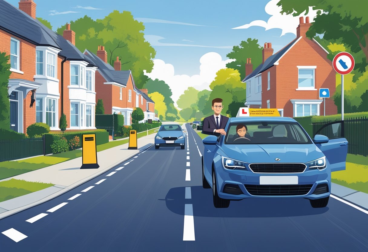 An estate agent in smart clothing sits in the driver's seat of a driving school car with an instructor beside them on a suburban street with houses and road signs.