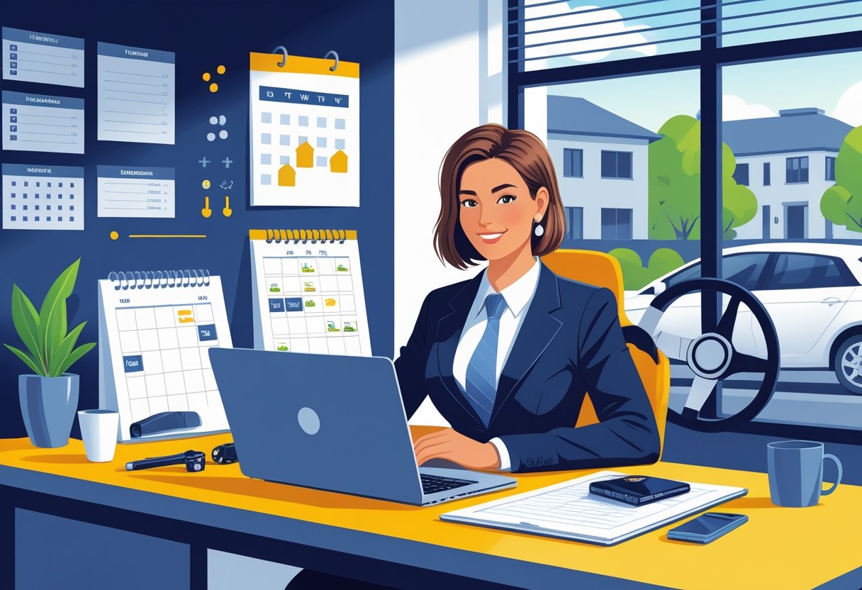 An estate agent at a desk with a laptop and car keys, surrounded by a calendar, checklist, and a steering wheel, in an office with property listings and a car outside.
