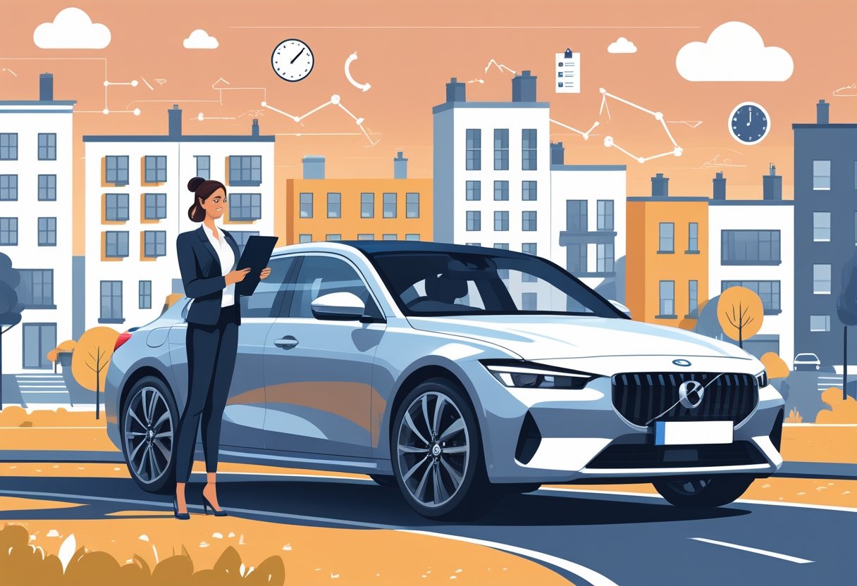 An estate agent standing next to a modern car in front of residential buildings, holding a tablet, with icons representing time management, navigation, and organisation around them.